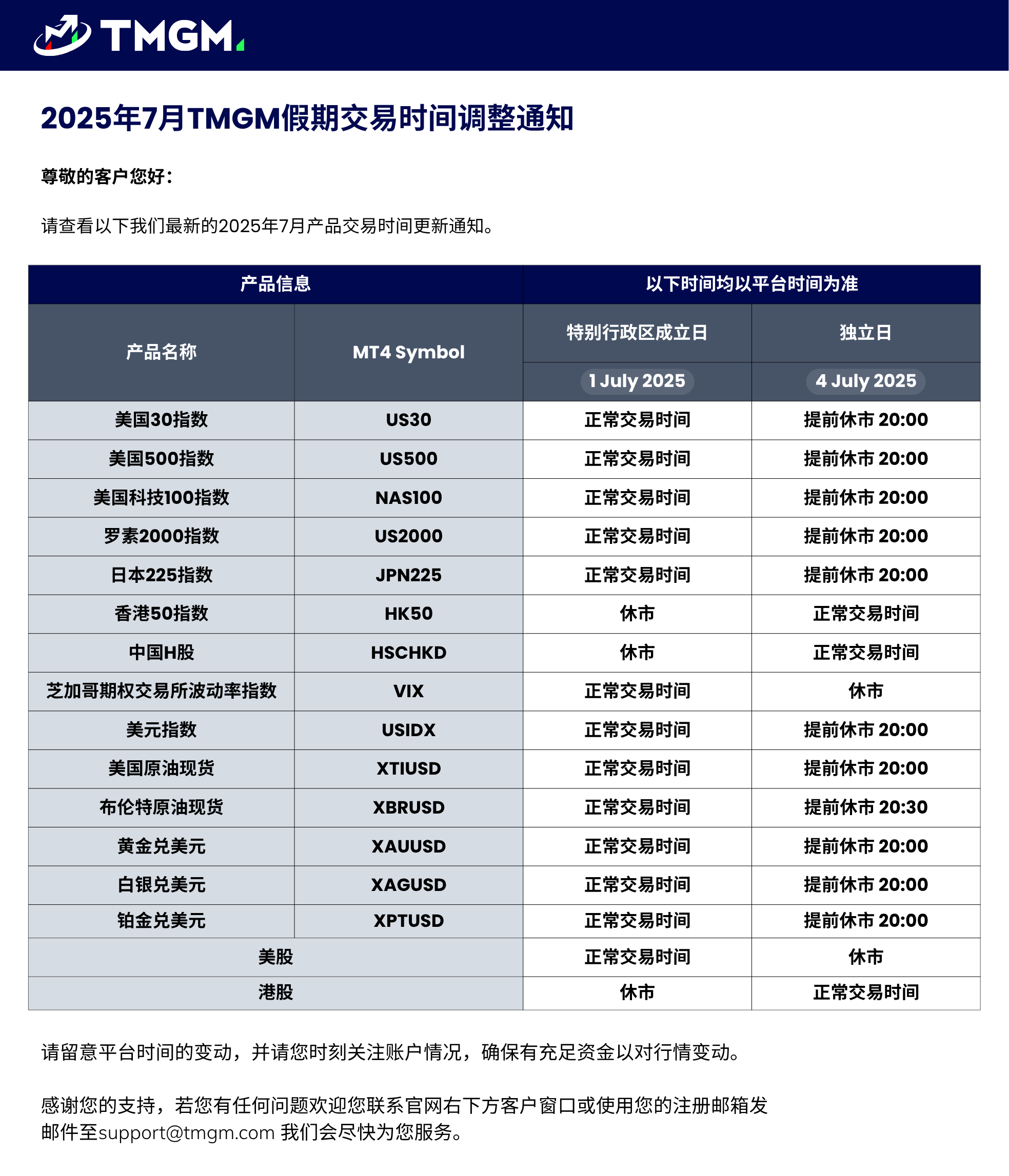 2025年7月TMGM假期交易时间调整通知